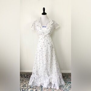 VTG 70s White Purple Chiffon Formal Dress Spaghetti Strap Bolero Lace Coverup XS